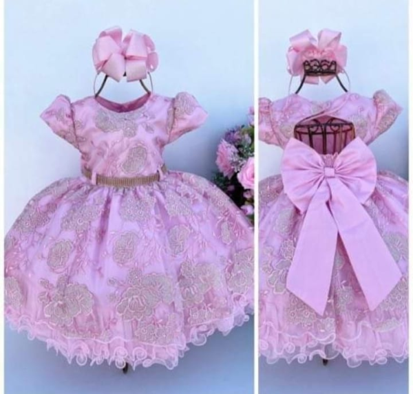 Vestido com Renda Bordada, Rosa,Luxo