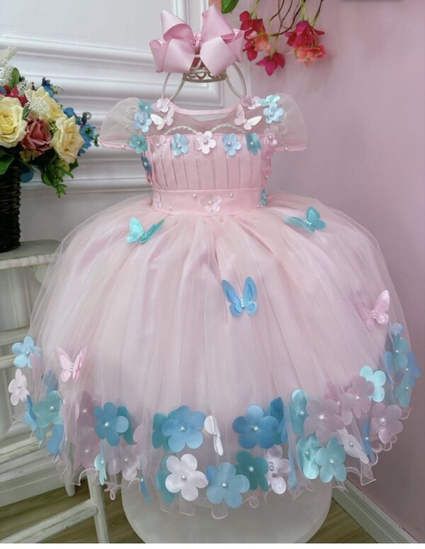 Vestido Infantil Rosa Plissado Aplique Flores Borboleta